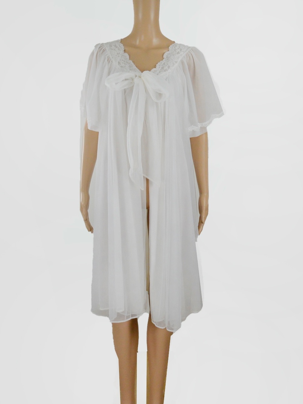 VTG 60s White Sheer Nylon Chiffon Peignoir Robe Lace Tie Front Babydoll Lingerie